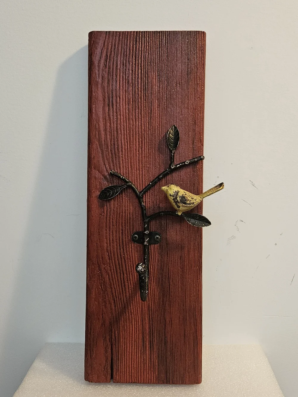 Yellow Bird Wall Hook on Rustic Red Wood - Home Wall Decor